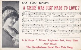 Vintage Coney Island Ny Postcard Song Card Girlie Just Made To Love Steeplechase