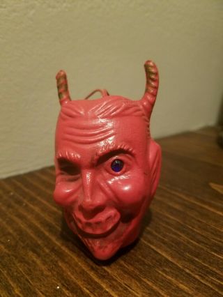 Vtg Halloween Plastic Devil Head Candy Topper Blowmold Flicker Rhinestone Eye