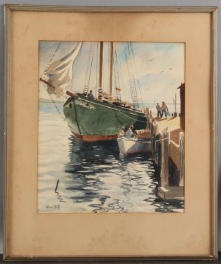 Antique Gilmer Petroff American Maritime Fishing Boat Harbor Watercolor Painting