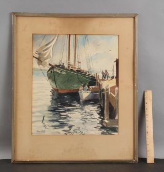 Antique GILMER PETROFF American Maritime Fishing Boat Harbor Watercolor Painting 2