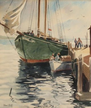 Antique GILMER PETROFF American Maritime Fishing Boat Harbor Watercolor Painting 3