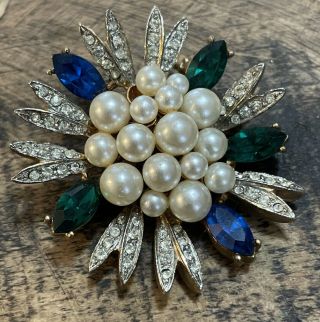 Vintage R.  Mandle Blue Clear Rhinestones Pearls Brooch
