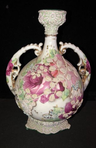 Antique Japanese Hand - Painted Roses & Moriage Nippon Two - Handled Vase 9”