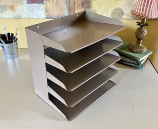 Vintage Steel Metal Industrial 5 Tier Letter Tray Desk Organizer - Biege