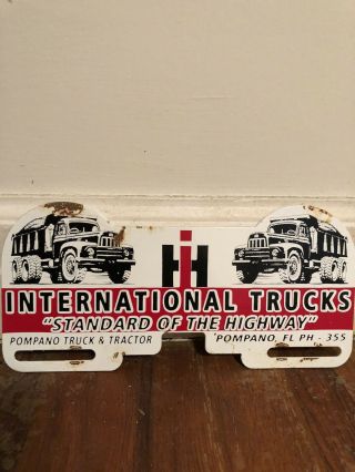 Vintage International Trucks Metal License Plate Topper Gas Oil Porcelain