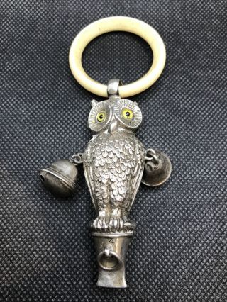Lovely Antique Solid Silver Owl Babys Rattle 1906