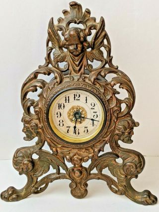 Antique Bronzed Cast Iron Victorian Shelf Mantle Clock Ornate Cherub Gargoyles