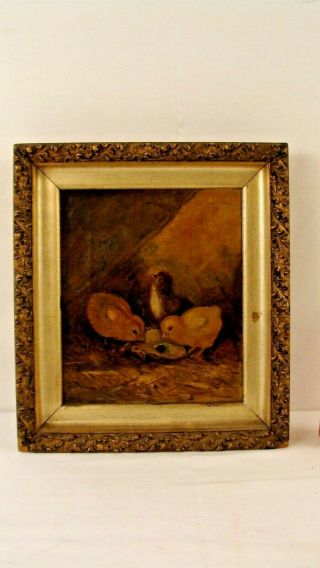 Antique 19c Baby Chicks Landscape O/c Painting In Gilt Frame