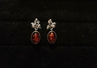 Vintage Sterling Silver Grape Vine Earrings With Polished Amber