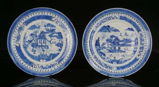 Pair Antique Chinese Blue And White Landscape Porcelain Plate 18th C Qing