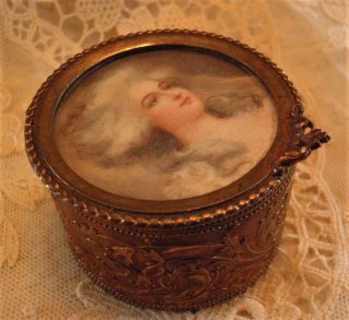 Tiny Antique Ormolu French Portrait Ring,  Trinket Box - Lining,