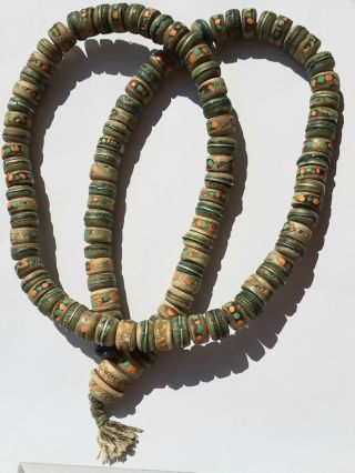Antique Tibetan Kapala Mala Prayer Beads,  Yak Bone,  Coral & Turquoise