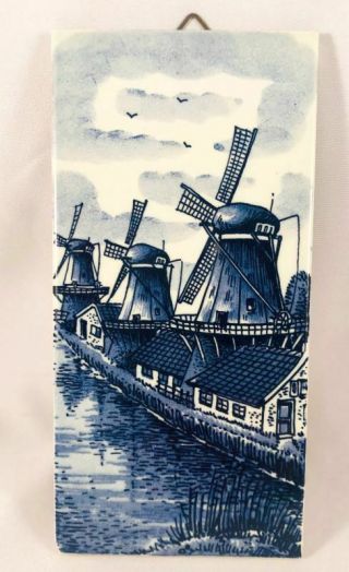 Vintage Handpainted Holland Ceramic Tile Windmill Scene Dutch Delft 6 " X 3 "
