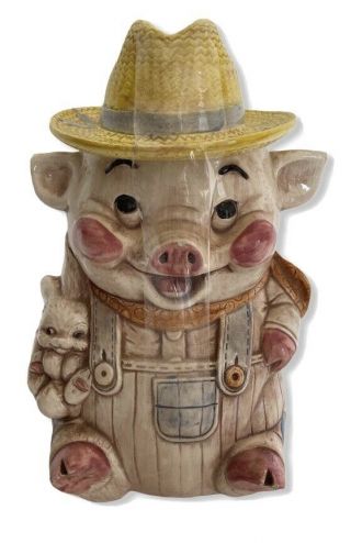Vintage Farmer Pig In Overalls Cookie Jar Treasure Craft Made In Usa 1960s