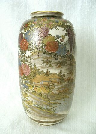 Japanese Meiji Satsuma Pottery Vase / Wisteria,  Iris,  Landscape