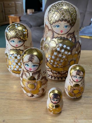 Vintage Russian Hand Made Painted And Wood Burned Design Nesting Dolls Set Of 5