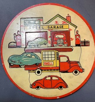 Vintage Wooden,  Wood,  Small Round Puzzle - Car And Gas Station - Made In Holland