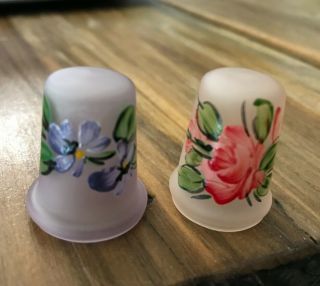 2 Vintage Frosted Glass Thimbles Hand - Painted Flowers Pale Purple & Rose Pink