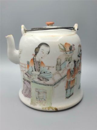 Antique Chinese Porcelain Famille Rose Teapot Hand Painted With Poem -