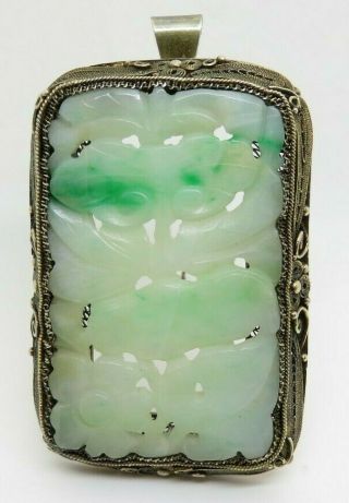 Antique Edwardian Chinese Carved Jade Silver Filigree Brooch Pendant Flowers