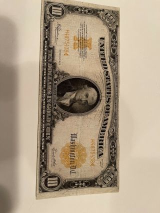 1922 United States $10 Ten Dollar Bill Old Antique US Gold Certificate Note NR 2
