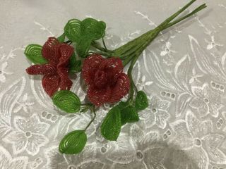 Vintage Red Glass Beads Beaded Flowers With Leaves