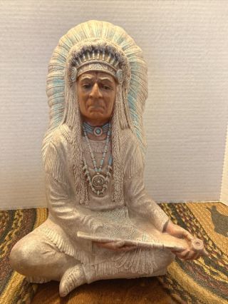 Vintage Native American Indian Chief Sitting W/ Peace Pipe Mold Ceramic Figure