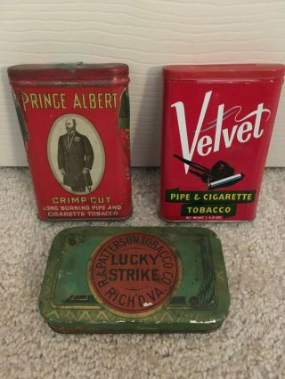 Vintage Metal Tobacco Tin Boxes Cans 3 Lucky Strike Prince Albert & Velvet