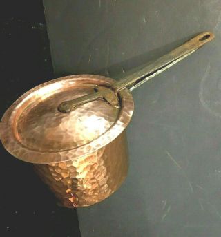 Antique Hand Hammered Copper Sauce Pan W Lid Hand Wrought Handles 2 Q - T Old