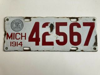 1914 Michigan License Plate Porcelain 100 All