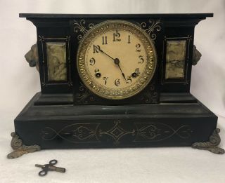Antique Ansonia Clock Co Cast Iron Shelf Mantle Clock,  Key; Parts