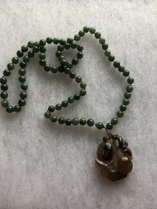 Heavy & Long 32 " Vtg Chinese Export Jade Bead Necklace With Nat.  Carved Pendant