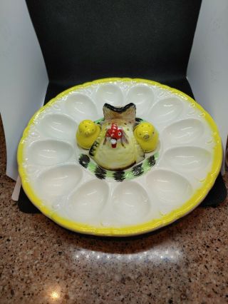 Vintage Deviled Egg Tray Plate With Chicks Hen Salt And Pepper Shakers Japan