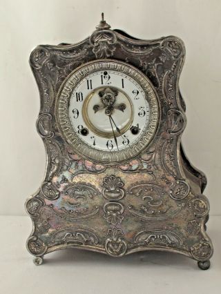 Antique Ornate Silver Plate Waterbury Neptuno Mantle Clock Pat.  1881