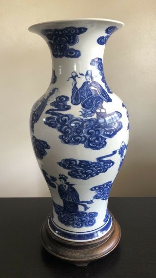 Fine Chinese Blue White Porcelain Vase 8 Immortals Gods Cobalt Art Clouds