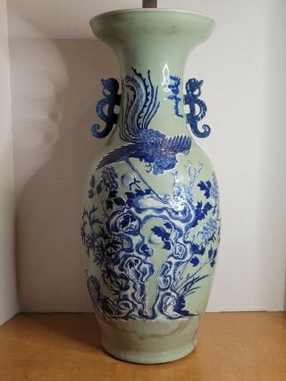 Antique Chinese Qing Blue And White Celadon Porcelain Dragon Phoenix Floor Vase