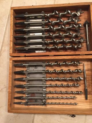 Irwin Solid Center Auger Bits In Antique Wooden Case With 13 Bits.  Bits No Rust`