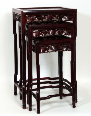 Set Of 3 Chinese Wooden Carved Nesting Tables