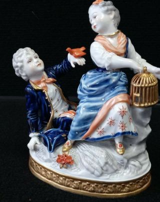 Antique Dresden Porcelain Boy And Girl With Birds & Cage