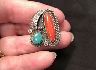 Vintage Navajo Old Pawn Turquoise Coral Sterling Silver Ring Size 6 1/4
