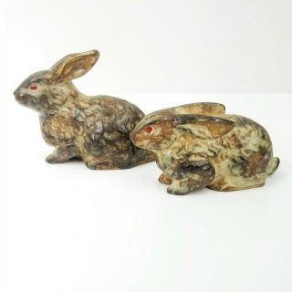 Vintage Ceramic Bunny Rabbit Figurines Pair Set Of 2 Brown Red Eyes Made Japan