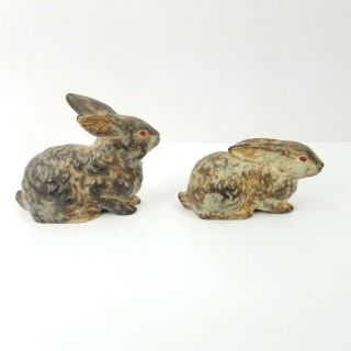 Vintage Ceramic Bunny Rabbit Figurines Pair Set of 2 Brown Red Eyes Made Japan 2