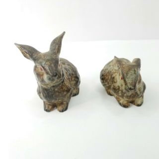 Vintage Ceramic Bunny Rabbit Figurines Pair Set of 2 Brown Red Eyes Made Japan 3