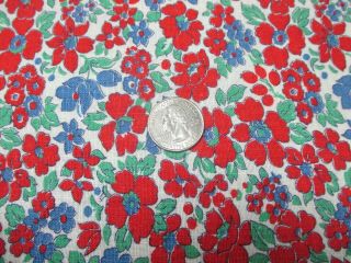 Vintage Partial Feedsack: Array Of Red & Blue Flowers W Green Foliage On White