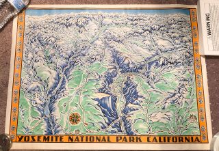 1955 True Vintage Yosemite Valley National Park California Map Wall Poster Print
