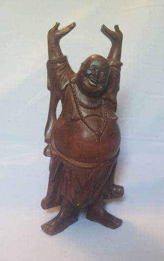 Old China Temple Boxwood Wood Carved Happy Laughing Maitreya Buddha Statue