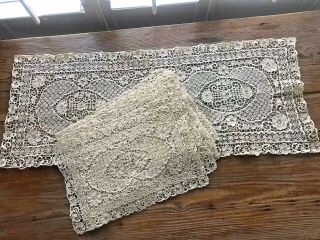 Vintage Hand Made Needle Lace Set 8 Placemats 1 Runner Pale Ecru