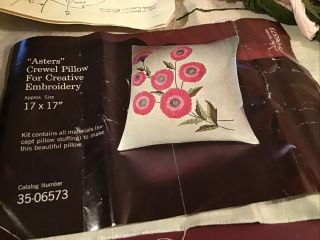 Vintage Lee Wards Crewel Embroidery Kit “asters” Linen Pillow 17 " Open Started
