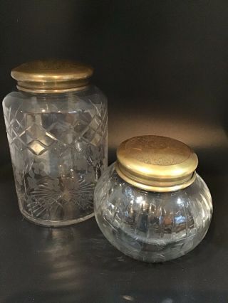 2 Vintage Etched Glass Jar Canister Tobacco Humidor W/ Brass Lid 6” And 4.  25”