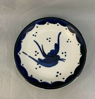 Vintage Anfora Made In Mexico Butter Pat Small Plate Dish - Blue White Birds
